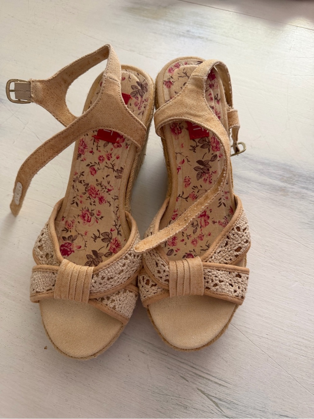 Esprit Beige Crochet Wedge Sandals with Floral Insole